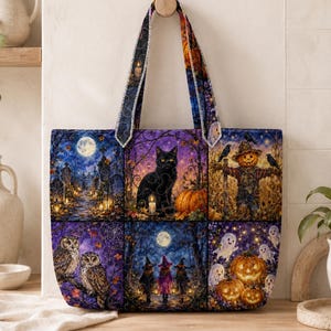 May include: A fabric tote bag featuring a six-panel collage of Halloween imagery, including a black cat, a scarecrow, owls, ghosts, pumpkins, and a moonlit cemetery. The bag has two matching patterned shoulder straps and a rectangular shape.