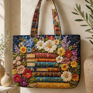 Gepersonaliseerde gewatteerde draagtas met bloemenprint, gewatteerde draagtas met literair thema, klassieke schoudertas voor boekenliefhebbers, tas met bloemenprint op maat
