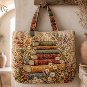 Könnte beinhalten: Eine gesteppte Tragetasche mit einem zentralen Stapel aus sechs Büchern im Vintage-Stil, umgeben von einem lebendigen Blumenarrangement aus Gänseblümchen, Lavendel und Wildblumen. Die Tasche hat zwei passende gemusterte Stoffgriffe und eine cremefarbene Basis.
