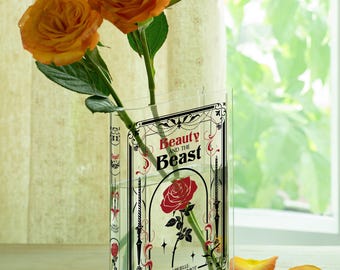 Skönheten och odjuret akrylboksvas, Skönheten och odjuret-boken, akrylblomvas, Halloweenpresent, julklapp, present till bokälskare