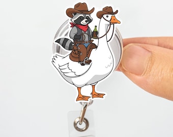 Funny Cowboy Raccoon Riding Goose  Badge Reel, Raccoon Nurse ID Holder, Goose Badge Clip, Healthcare Accessory, Retractable Work Badge Reel