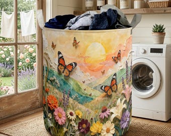 Fjärils-quiltad tvättkorg, Blommig solnedgångskorg, Cottagecore fjärilstvättkorg, Förvaringskorg i tyg med vildblommor