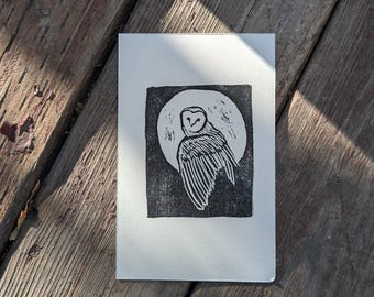 Grabado en linóleo - Lechuza común - Impresión en tinta negra