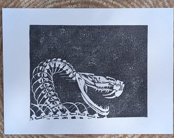 Linocut Print- Snake Skeleton- Black Ink Print