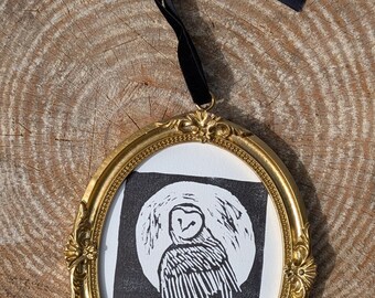 Odbitka tuszem z płomykówką - oprawiona w ramę - wisząca rama - linograf