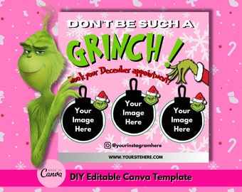 May include: A pink DIY Canva template with the Grinch character. The text reads "DON'T BE SUCH A GRINCH! Book your December appointment!" Three ornaments with Grinch faces are featured. Includes social media and website information.