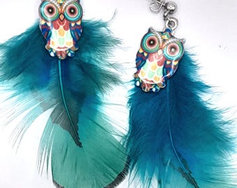 Pink/Blue Feathered Owl Earrings on Hypoallergenic Ball Studs - Available 4 different designs