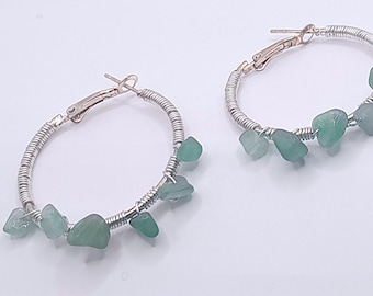 Hand-Wired Silver Hoop Earrings - Available in Turquoise, Amethyst, Jade