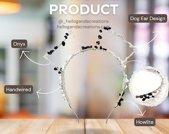 Hand-Wired Festive Silver Onyx and Howlite Dog Ear Headband - Dalmatian Inspired design