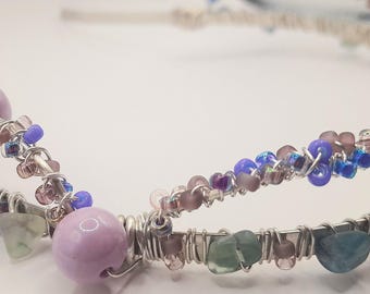 Hand wired Silver Purple and Blue Beaded Headband with a Fluorite Wired Base