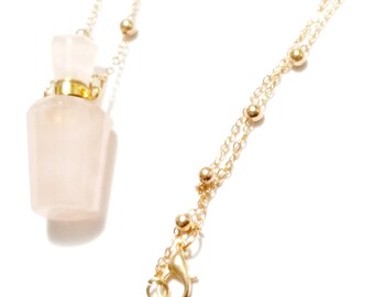 Rose Quartz Mini Diffuser Aromatherapy Necklace Bottle - 24K Gold Plated Chain