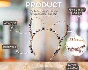 Hand-Wired Gold Cat Ear Headband with Amethyst & Lapis Stones and Galaxy-Inspired Beads