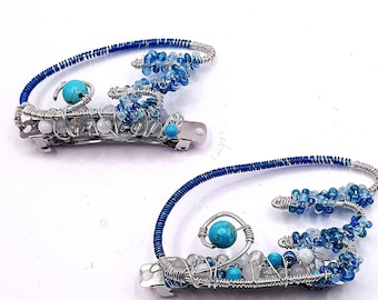 Card Capturer Inspired Hand-Wired Wing Barrettes with Turquoise & Blue Beads, Set of Two
