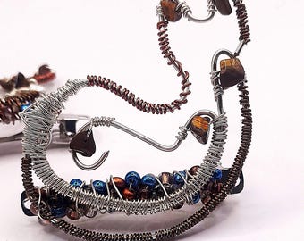 Hand-Wired Silver Cat Barrettes with Tiger’s Eye and Czech Beads