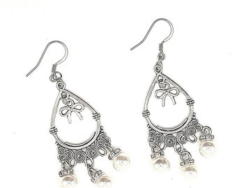 Antique Silver Teardrop Earrings with Pearls and Ribbon
