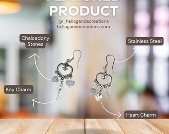 Antique Silver Heart & Key Dangle Earrings with Chalcedony Stones
