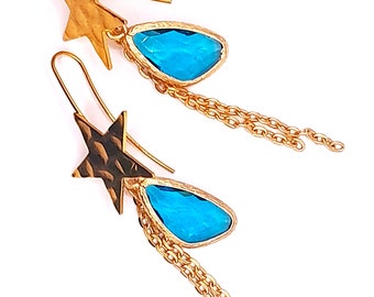 Celestial Teardrop Dangle Earrings – Gold Star Hook, Available in Black/Pink/Blue