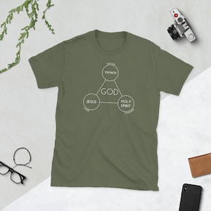 Puede incluir: Camiseta verde oliva con un gráfico blanco de un triángulo con las palabras "GOD", "YWHW", "Jesus" y "Holy Spirit". La camiseta está hecha de un material suave y tiene cuello redondo.