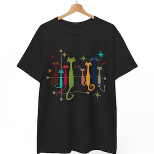 Retro Mid-Century Modern Cats T-Shirt, Vintage 50s 60s Atomic Age Cat Tee, Funky Feline Graphic Shirt, Abstract Cat Lover Gift, S to 5XL