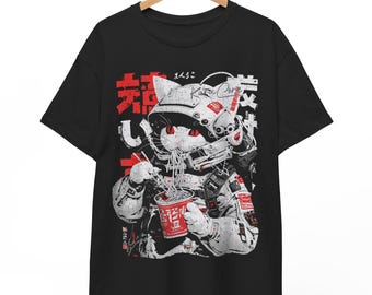 Maglietta Cyberpunk Ramen Cat, maglietta grafica anime giapponese, abbigliamento tecnico Y2K