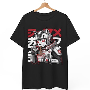 Cyberpunk Cat Ramen T-Shirt, Japanese Streetwear Anime Tee, Retro Techwear Manga Shirt, Futuristic Kawaii Neko, Sci-Fi Cat Lover Gift