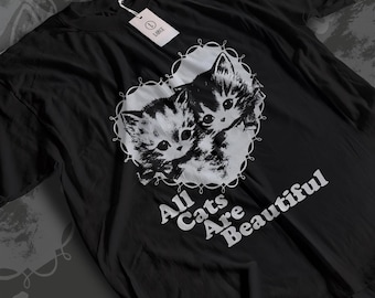 Alle katten zijn mooi, kitten hartje T-shirt, kanten print, punkstijl, kattenliefhebber shirt