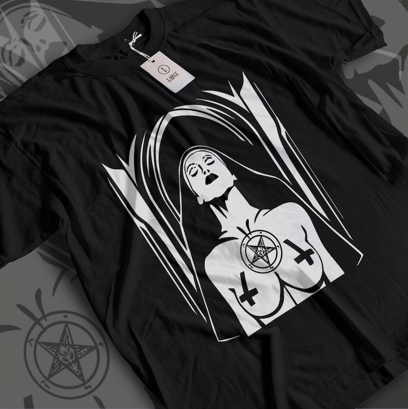 Camiseta gráfica de monja satánica, humor gótico, parodia religiosa atrevida