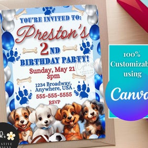 Puede incluir: Una invitación de cumpleaños con cachorros, globos y huellas de patas. La invitación dice "¡Estás invitado a la fiesta del 2º cumpleaños de Preston!" con detalles del evento. El diseño es personalizable con Canva.