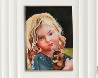 Love and Friendship - A Heartwarming Original Oil Painting of a Girl and a Cat - Classic Realism, Portrait, Art, Gift, Home Decor