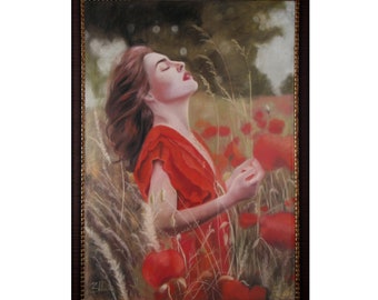 Original Pastel Painting - Portrait of a Girl in a grain field with red flowers - Classic Realism, Art, Gift, Home Decor