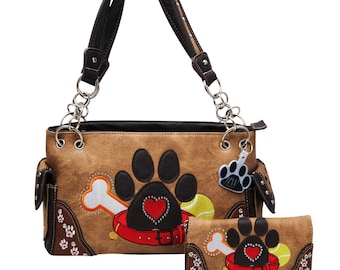 Dog Paw Print Handbag Carry Concealed Shoulder Purse Wallet Set