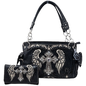 Conjunto de cartera estilo occidental para mujer, bolso de mano, regalo religioso, bolso de hombro con alas de ángel y cruz de diamantes de imitación.
