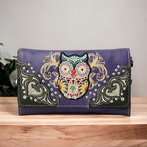Cartera de búho para mujer, tipo cartera, tipo bandolera, estilo occidental, con tres pliegues.