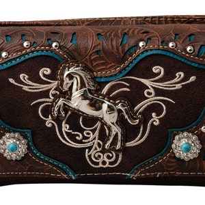 Horse Wallet for Women Crossbody Wristlet Clutch Western Tooled Vegan Leather Equestrian Gifts Cowgirl Embroidered Trifold