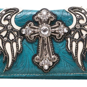 Cartera estilo occidental con cruz de diamantes de imitación y alas de ángel para mujer, bolso de mano tipo bandolera con tres pliegues, estilo religioso