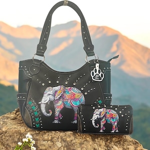 Conjunto de monedero y billetera de elefante bohemio, bolso estilo western para mujer, bolso grande estilo vaquera, bolso de hombro, regalo para amantes de los animales