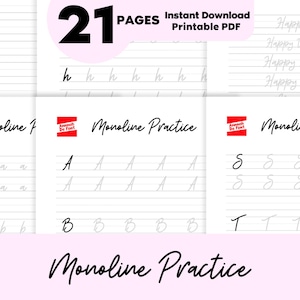 Monoline Hand lettering worksheets pdf and jpeg printable and digital modern calligraphy practice procreate ipad beginner