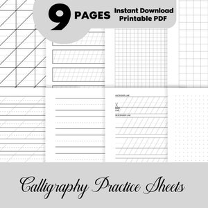 Modelli di fogli per esercizi di calligrafia, carta per calligrafia, foglio guida per scritte a mano calligrafiche, PDF stampabile digitale
