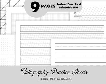 Puede incluir: Una colección de hojas blancas de práctica de caligrafía con varios estilos de líneas, incluyendo cuadrículas, punteadas y guías anguladas. La imagen incluye el texto "9 PAGES" y "Instant Download Printable PDF". El título "Calligraphy Practice Sheets" también es visible.