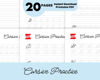 May include: A printable cursive handwriting practice worksheet with 20 pages. The worksheet features a cursive alphabet with dotted lines for tracing. The title of the worksheet is "Cursive Practice".