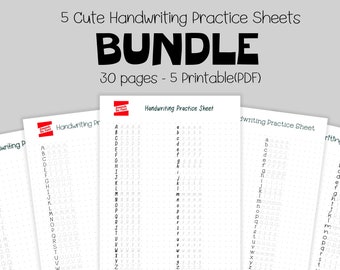May include: Five printable handwriting practice sheets for kids. Each sheet features the alphabet in a dotted grid format. The sheets are black and white and have the title "Handwriting Practice Sheet" at the top.