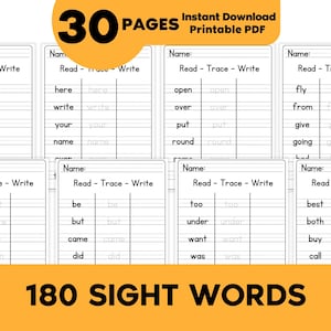 180 の印刷可能な視覚単語、幼稚園の視覚単語ワークシート、就学前のアクティビティ ページ、1 年生の手書きとスペルのアクティビティ