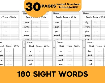 180 Printable Sight Words, Kindergarten Sight Word Worksheets, Preschool Activity Pages, 1st Grade Handwriting and Spelling Activities