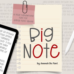 May include: A handwritten font called "Big Note" by Annnah De Font, displayed on a lined notebook page with a pink sticky note that says "A neat handwriting font for digital note taking".