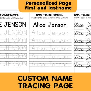 Può includere: Foglio di lavoro stampabile per esercitarsi nella scrittura. Il foglio di lavoro contiene il nome "Alice Jenson" scritto in lettere punteggiate da tracciare. Il nome viene ripetuto 6 volte sulla pagina.