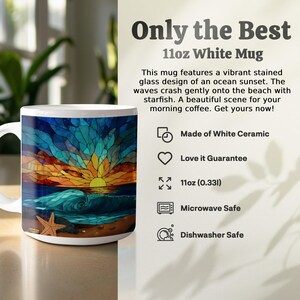 Sunset Ocean Wave Mug, Beach Sunrise Coffee Cup, Coastal Art Ceramic Mug, Starfish Design, Stained Glass Pattern Mug, Ocean Lovers Gift