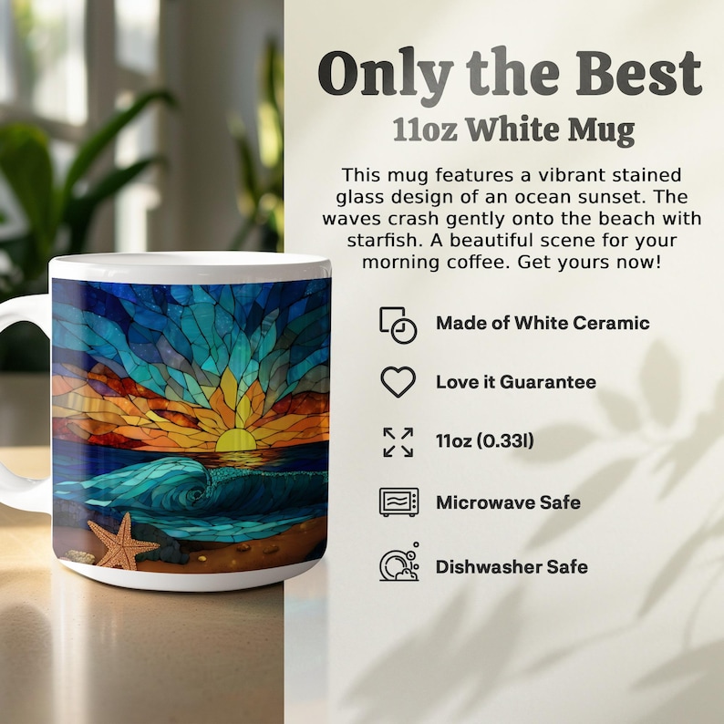 Sunset Ocean Wave Mug, Beach Sunrise Coffee Cup, Coastal Art Ceramic Mug, Starfish Design, Stained Glass Pattern Mug, Ocean Lovers Gift
