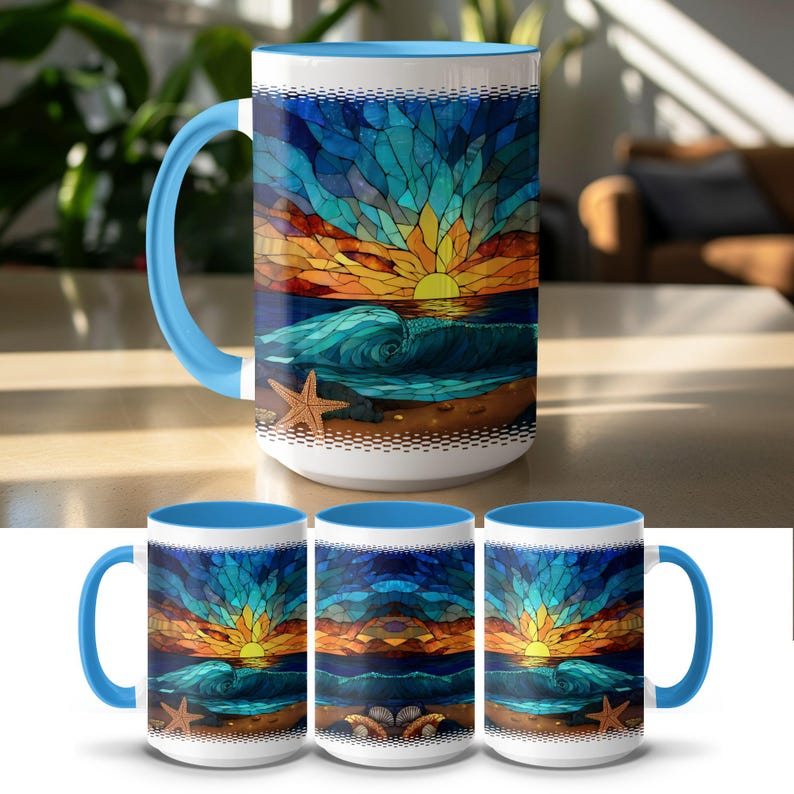 Colorful sunrise ocean wave mug, vibrant starfish beach scene mug, ocean lovers gift idea, coastal themed coffee cup