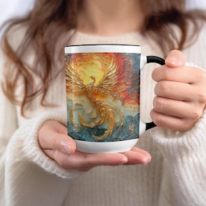 Phoenix Mug: Artistic, Colorful, Unique, Coffee, Tea, Golden Bird Image