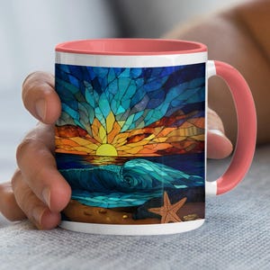 Ocean Sunset Mug, Starfish Wave Design, Beach Lovers Coffee Cup, Coastal Decor, Sea View Mug, Vibrant Colors, Unique Gift Idea